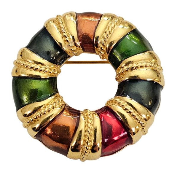 Anne Klein Vintage Red Blue Green Enamel Rope Twist Life Saver Brooch Pin Signed - Picture 1 of 9